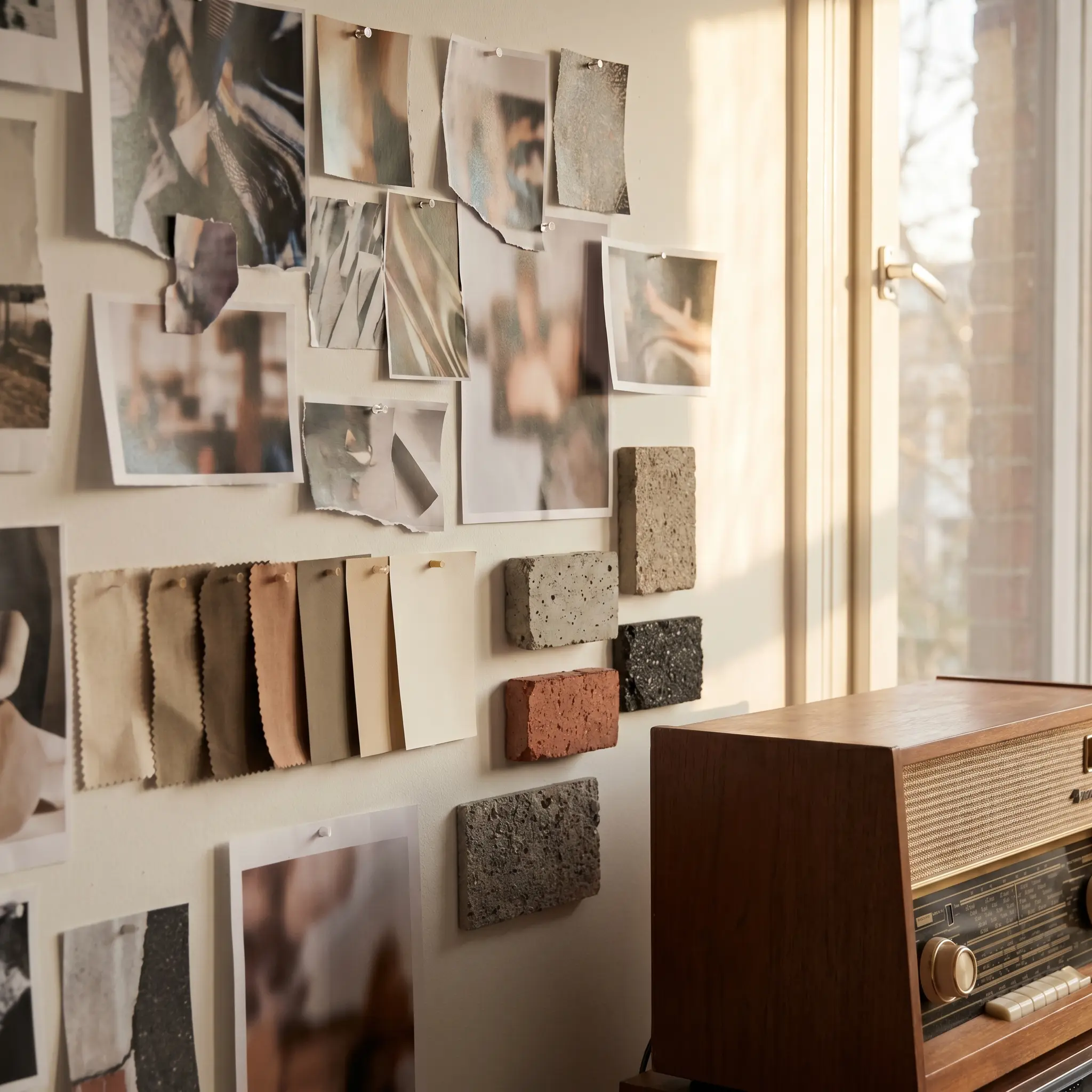 Jateu studio board with radio console details, printed fragments, and cue samples