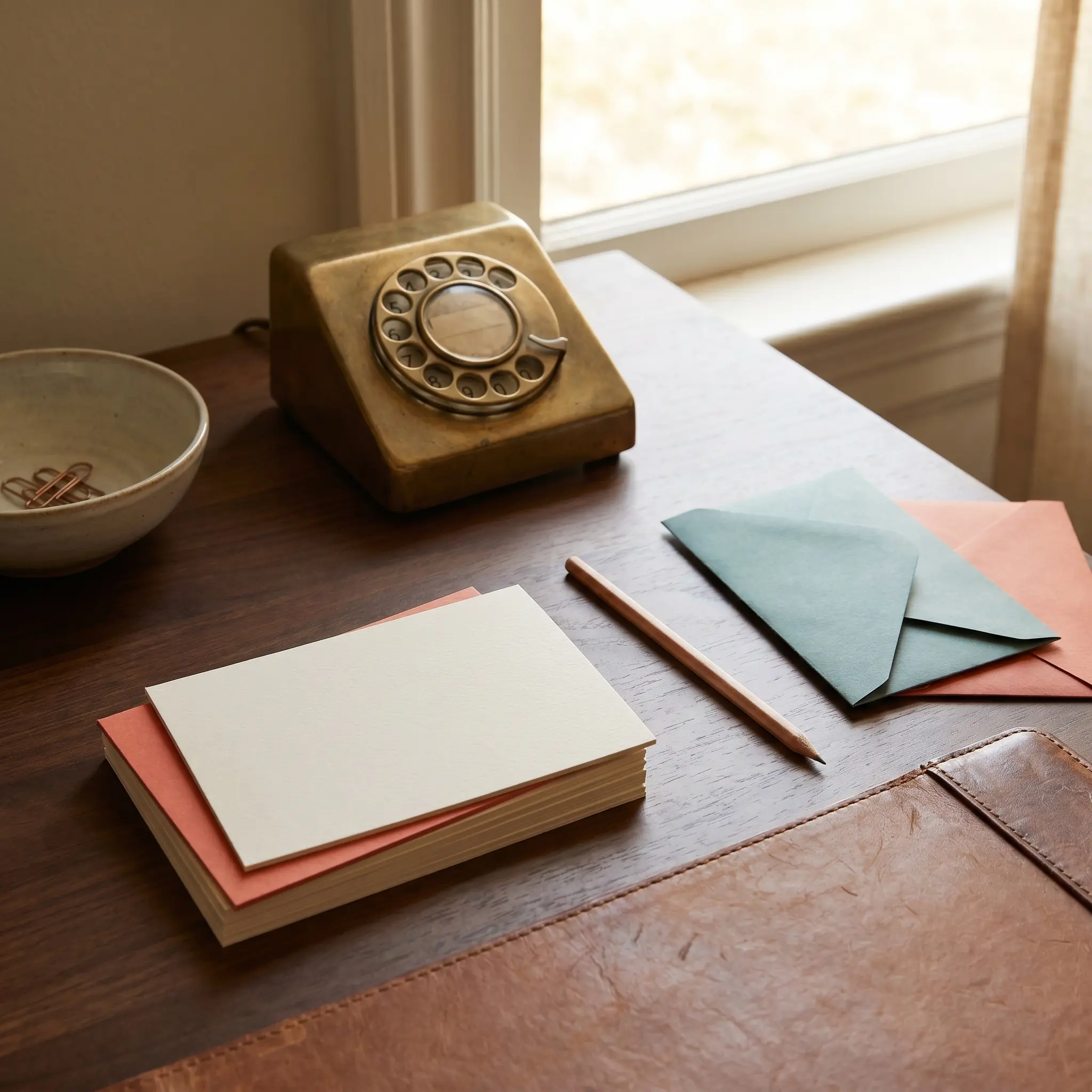 Desk console and sorted note slips for sending Jateu editorial observations